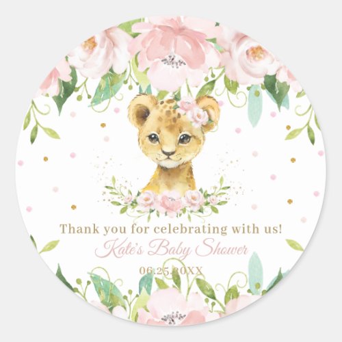 Pink Blush Floral Cute Lion Shower Thank You Favor Classic Round Sticker