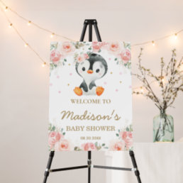 Pink Blush Floral Cute Penguin Baby Shower Welcome Foam Board