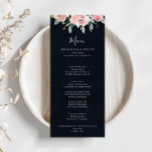 Pink Blush Floral Dinner Menu<br><div class="desc">This pink blush floral dinner menu card is perfect for a modern wedding. The design features hand-drawn pink blush roses and peonies with green and gray leaves in a dark blue background, inspiring natural beauty. This menu can be used for a wedding reception, rehearsal dinner, bridal shower or any event....</div>