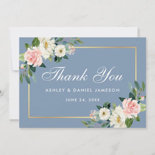 Pink Blush Floral Dusty Blue Wedding  Thank You Card