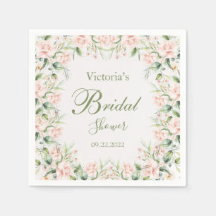 Pink Blush Floral Elegant Name Bridal Shower Napkins