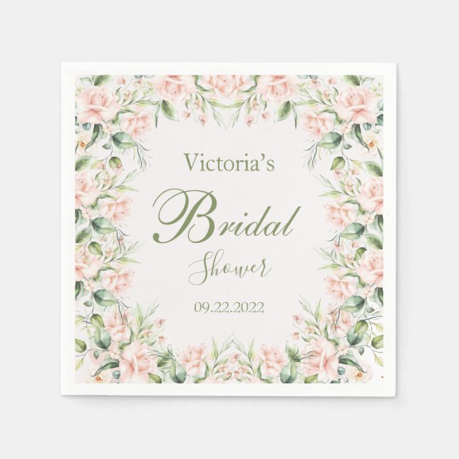 Pink Blush Floral Elegant Name Bridal Shower Napkins (Front)