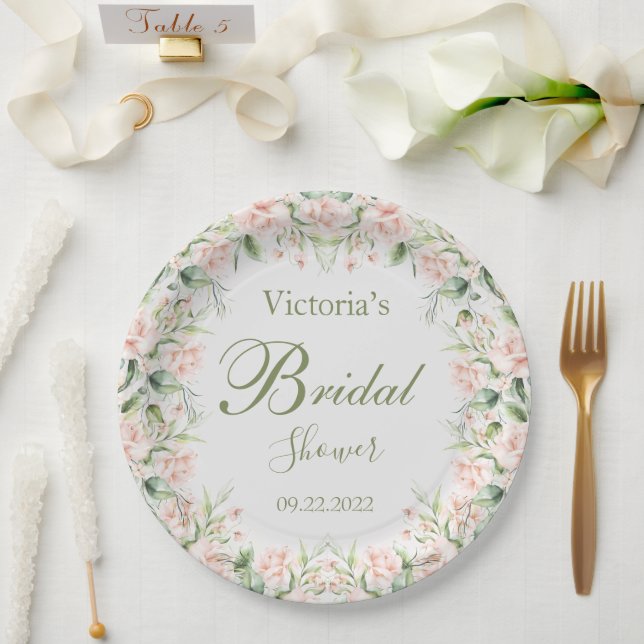 Pink Blush Floral Elegant Name Bridal Shower Paper Plates (Wedding)