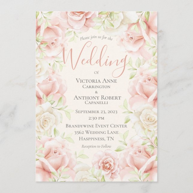 Pink Blush Floral Elegant Romantic Wedding Invitation (Front)