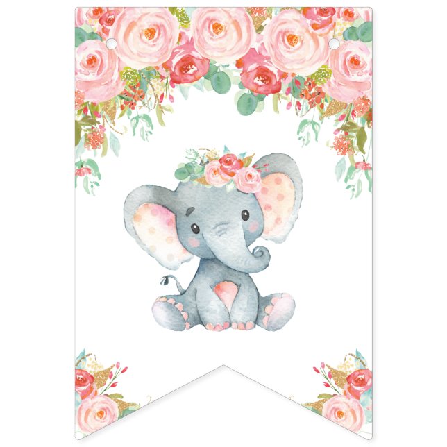 Pink Blush Floral Elephant Baby Shower Birthday Bunting Flags (First Flag)