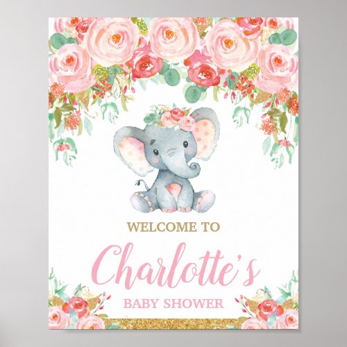 Pink Blush Floral Elephant Baby Shower Welcome Poster