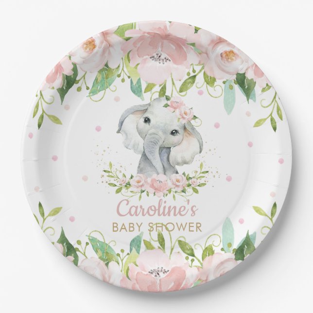 Pink Blush Floral Elephant Birthday Baby Shower Paper Plates (Front)