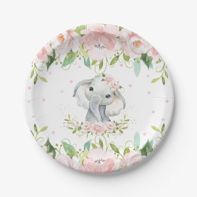 Pink Blush Floral Elephant Birthday Baby Shower Paper Plates (Front)