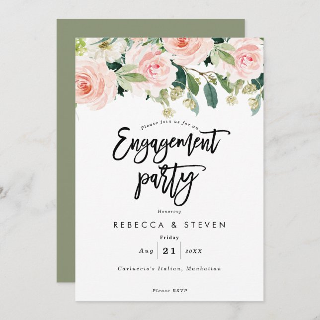pink blush floral engagement party invitation (Front/Back)