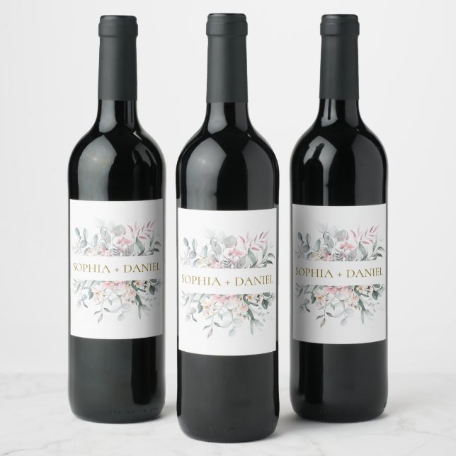 Pink Blush Floral Eucalyptus Botanical Wedding  Wine Label (Bottles)