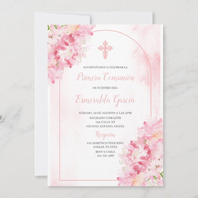 Pink blush floral first comunion Invitation (Front)