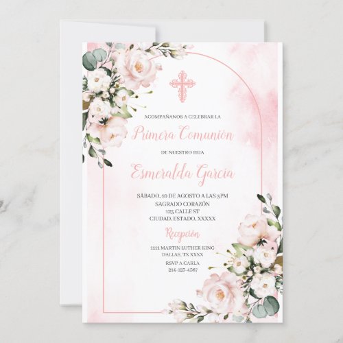 Pink blush floral first comunion Invitation