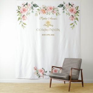 Pink Blush Floral First Holy Communion Photo Prop Tapestry