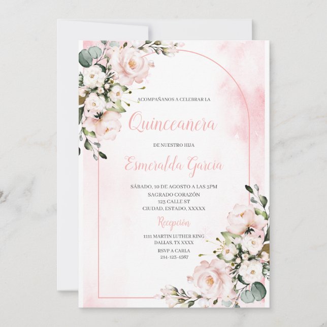 Pink blush floral first quinceanera Invitation (Front)