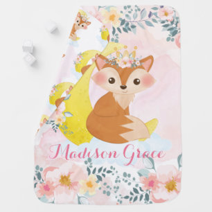 Pink Blush Floral Fox Sitting on Crescent Moon Baby Blanket
