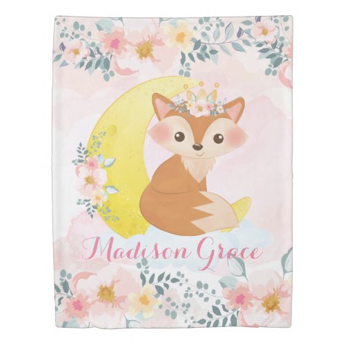 Pink Blush Floral Fox Sitting on Crescent Moon Duvet Cover