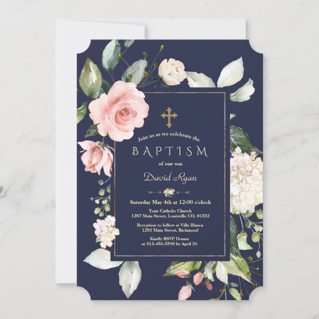 Pink Blush Floral Frame Navy Blue Gold Baptism Invitation (Front)