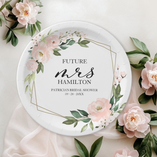 Pink Blush Floral Geometric Bridal Shower Paper Plates (Creator Uploaded)