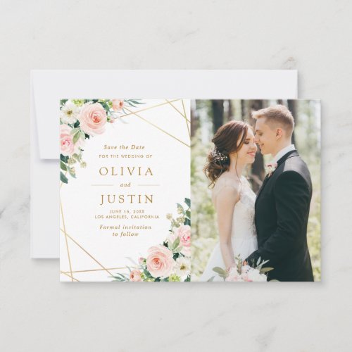 pink blush floral geometric save the date card