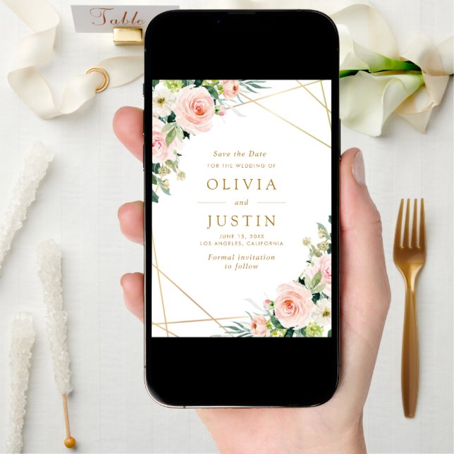 pink blush floral geometric save the date card (Front Digital)
