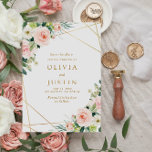 pink blush floral geometric save the date card<br><div class="desc">floral geometric design with pink blush hand painted flowers and a geometric gold frame. The color and text details can be personalized.</div>