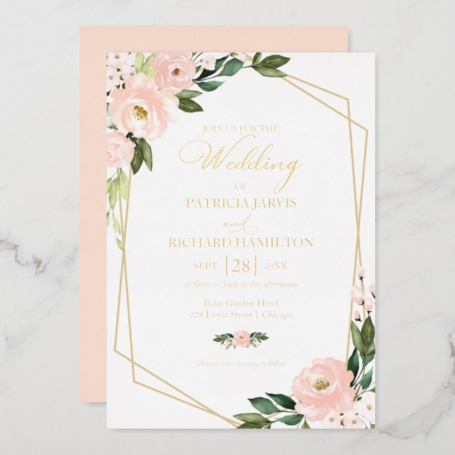 Pink Blush Floral Geometric Wedding Foil Invitation (Front/Back)