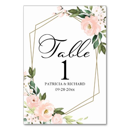 Pink Blush Floral Geometric Wedding  Table Number