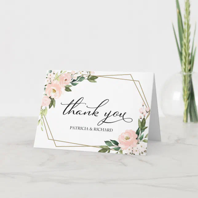 Pink Blush Floral Geometric Wedding Thank You Card | Zazzle
