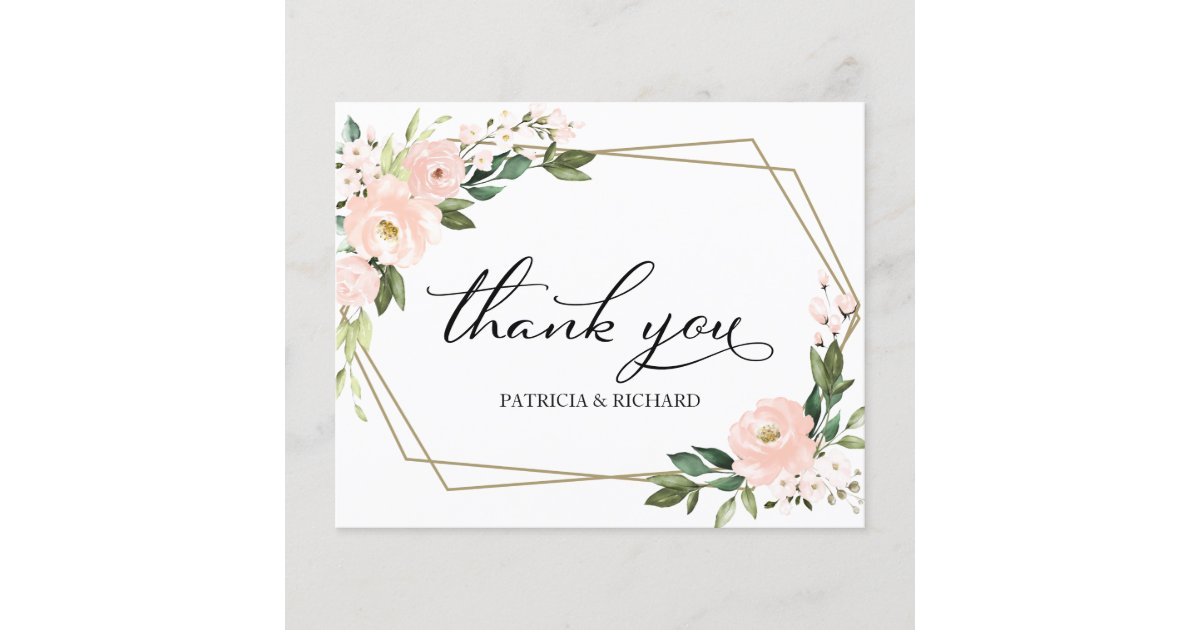 Pink Blush Floral Geometric Wedding Thank You Card | Zazzle