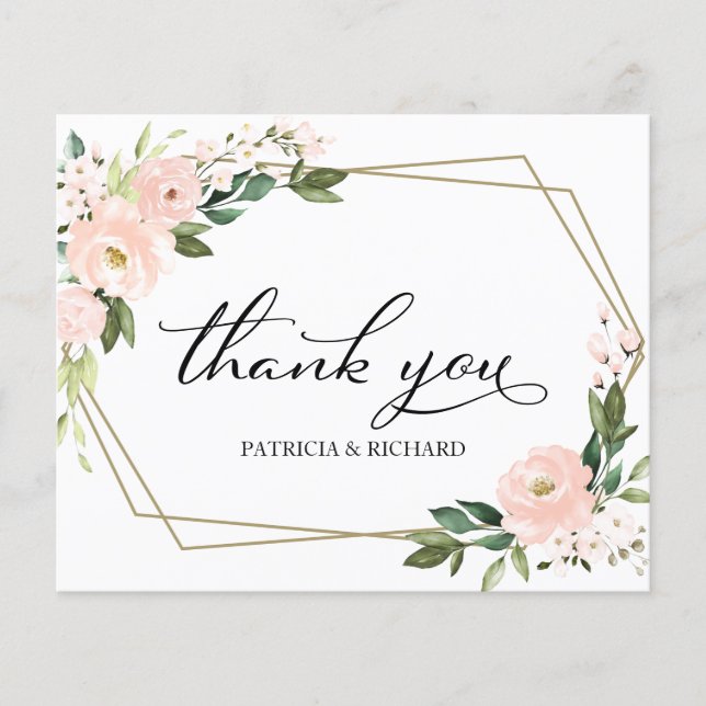 Pink Blush Floral Geometric Wedding Thank You Card (Front)