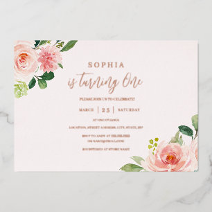 Pink Blush Floral Girl 1st Birthday Foil Invitation
