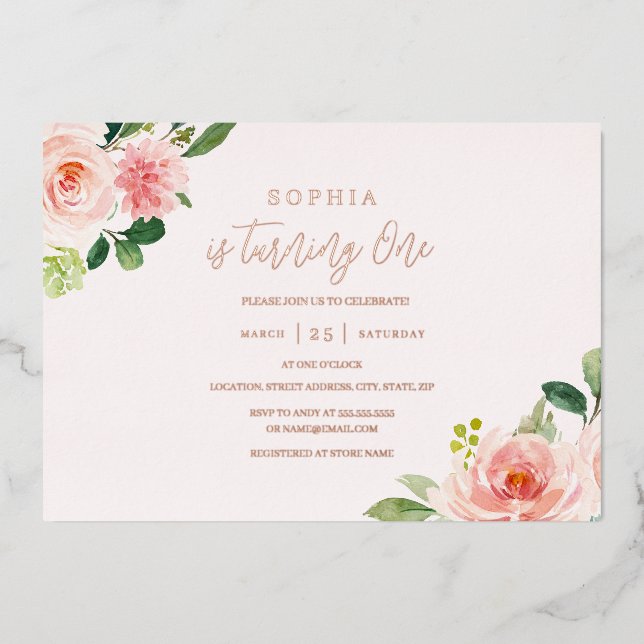 Pink Blush Floral Girl 1st Birthday Foil Invitation (Front)