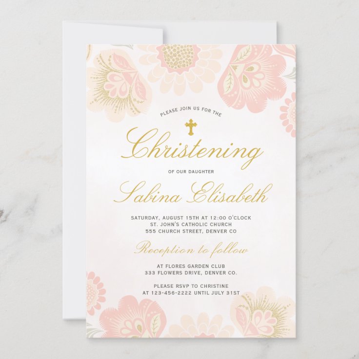 Pink Blush Floral Girl Christening Gold Cross Invitation | Zazzle