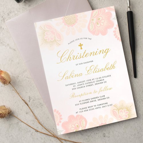 Pink Blush Floral Girl Christening Gold Cross Invitation