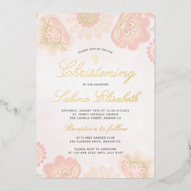 Pink blush floral girl Christening gold cross real Foil Invitation (Front)