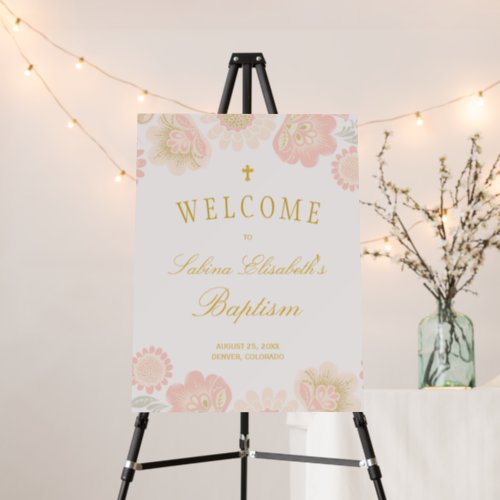 Pink blush floral girl Christening welcome sign