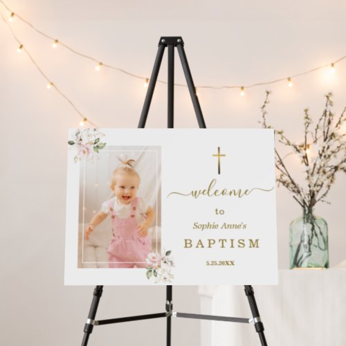 Pink Blush Floral Girl Photo Baptism Welcome Sign