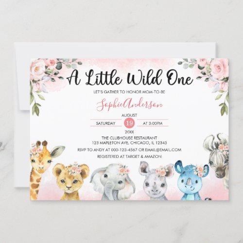 Pink Blush Floral Girls Safari Animals Baby Shower Invitation