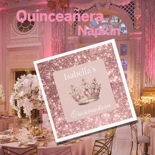 Pink Blush Floral Glitter Tiara Crown Quinceañera Napkins