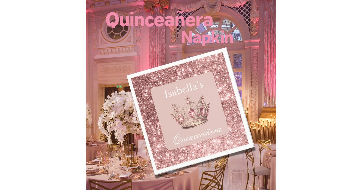 Pink Blush Floral Glitter Tiara Crown Quinceañera Napkins | Zazzle