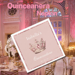 Pink Blush Floral Glitter Tiara Crown Quinceañera Napkins
