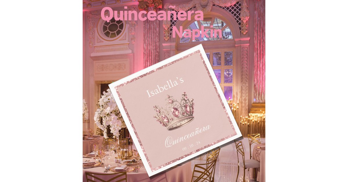 Pink Blush Floral Glitter Tiara Crown Quinceañera Napkins | Zazzle