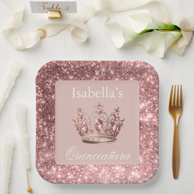 Pink Blush Floral Glitter Tiara Crown Quinceañera Paper Plates (Wedding)