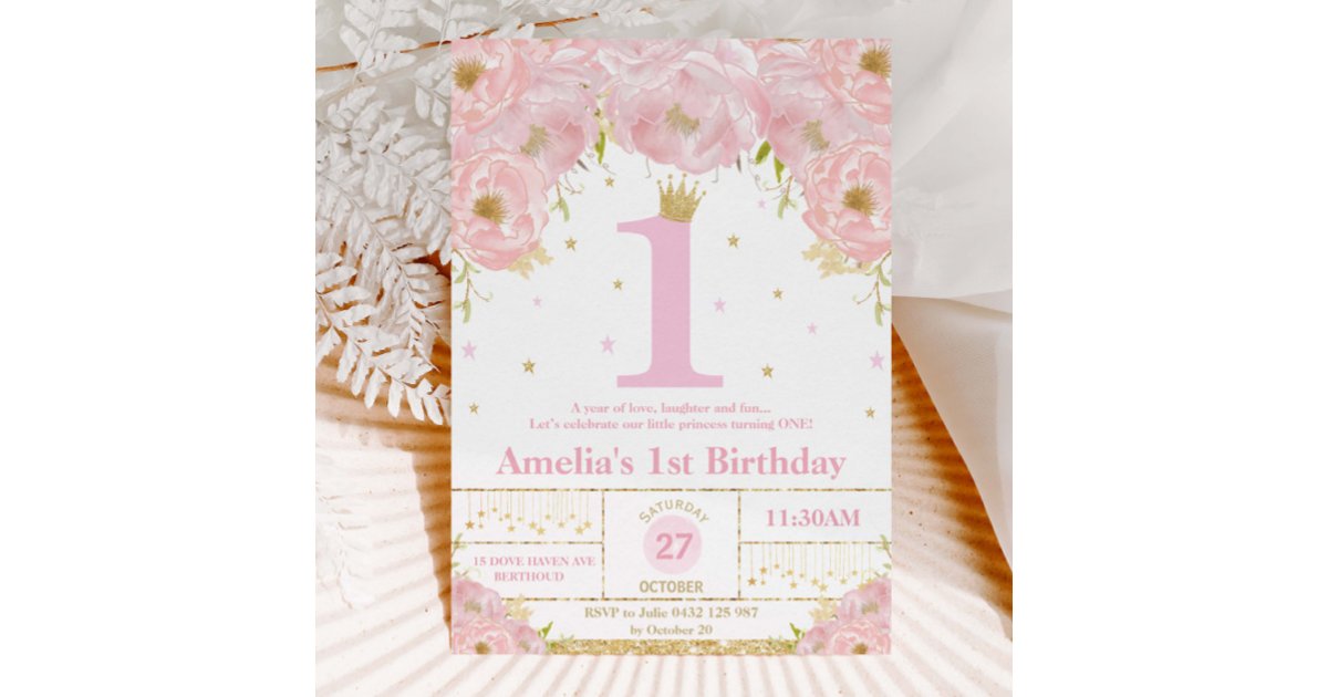 Pink Blush Floral Gold 1st Birthday Girl Princess Invitation | Zazzle