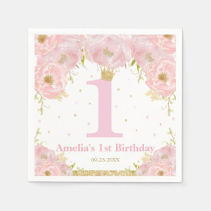 Pink Blush Floral Gold 1st Birthday Girl Princess Napkins