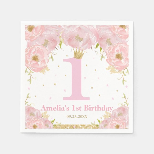 Pink Blush Floral Gold 1st Birthday Girl Princess Napkins (Front)