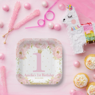 Pink Blush Floral Gold 1st Birthday Girl Princess Paper Plates