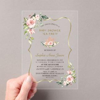 Pink Blush Floral Gold Baby Shower Tea Party Acrylic Invitations
