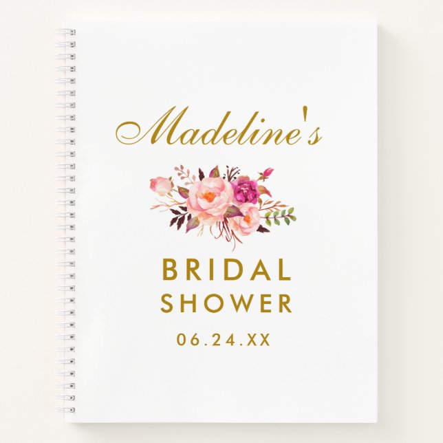 Pink Blush Floral Gold Bridal Shower Gift List Notebook (Front)