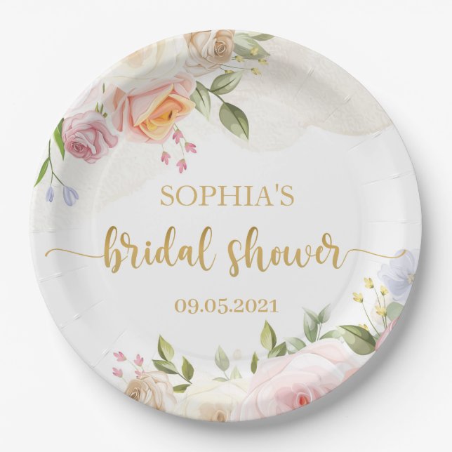 Pink Blush Floral Gold Bridal Shower Paper Plates (Front)